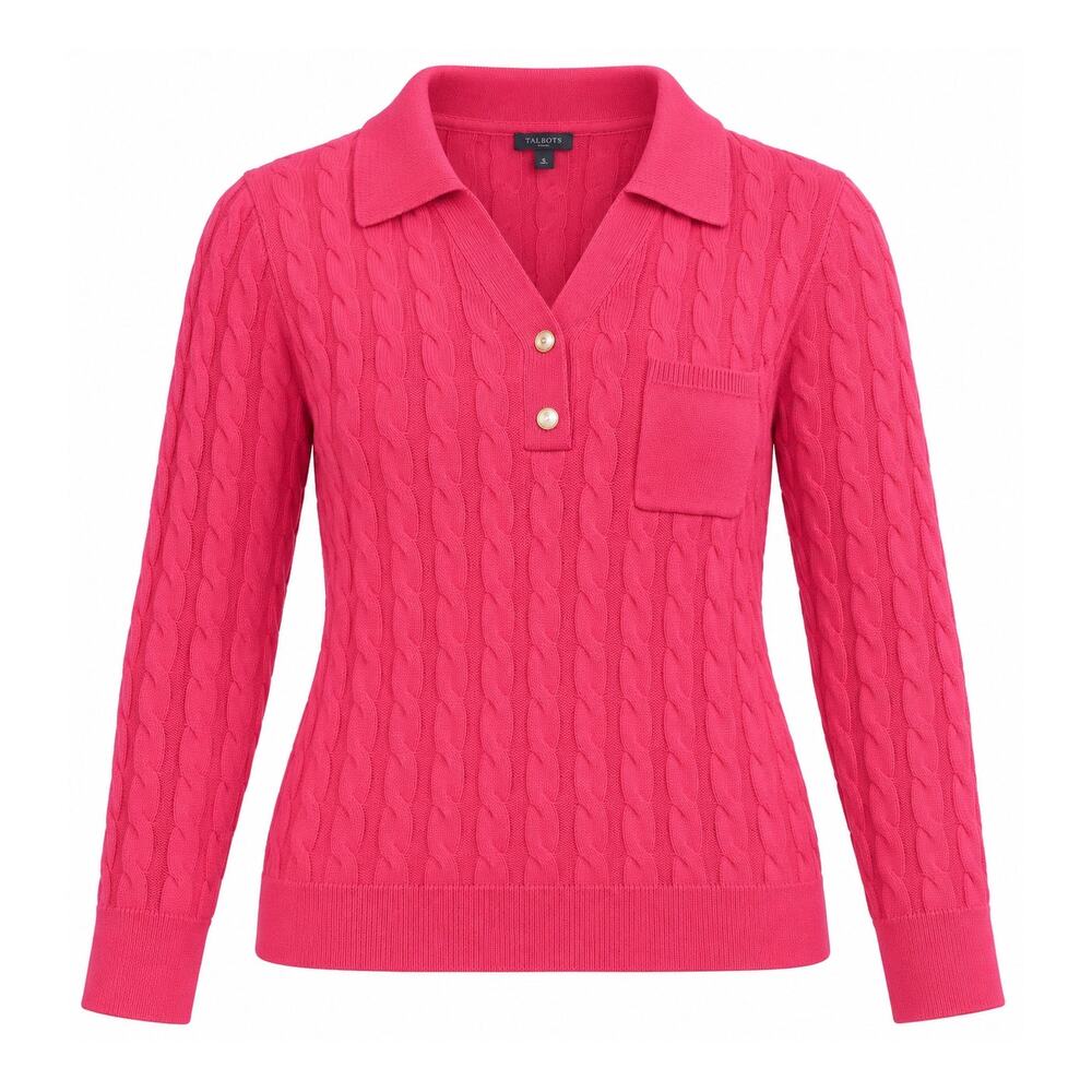 Talbots XL Petite Pink Cable Knit Polo Sweater Cotton Blend Preppy Classic